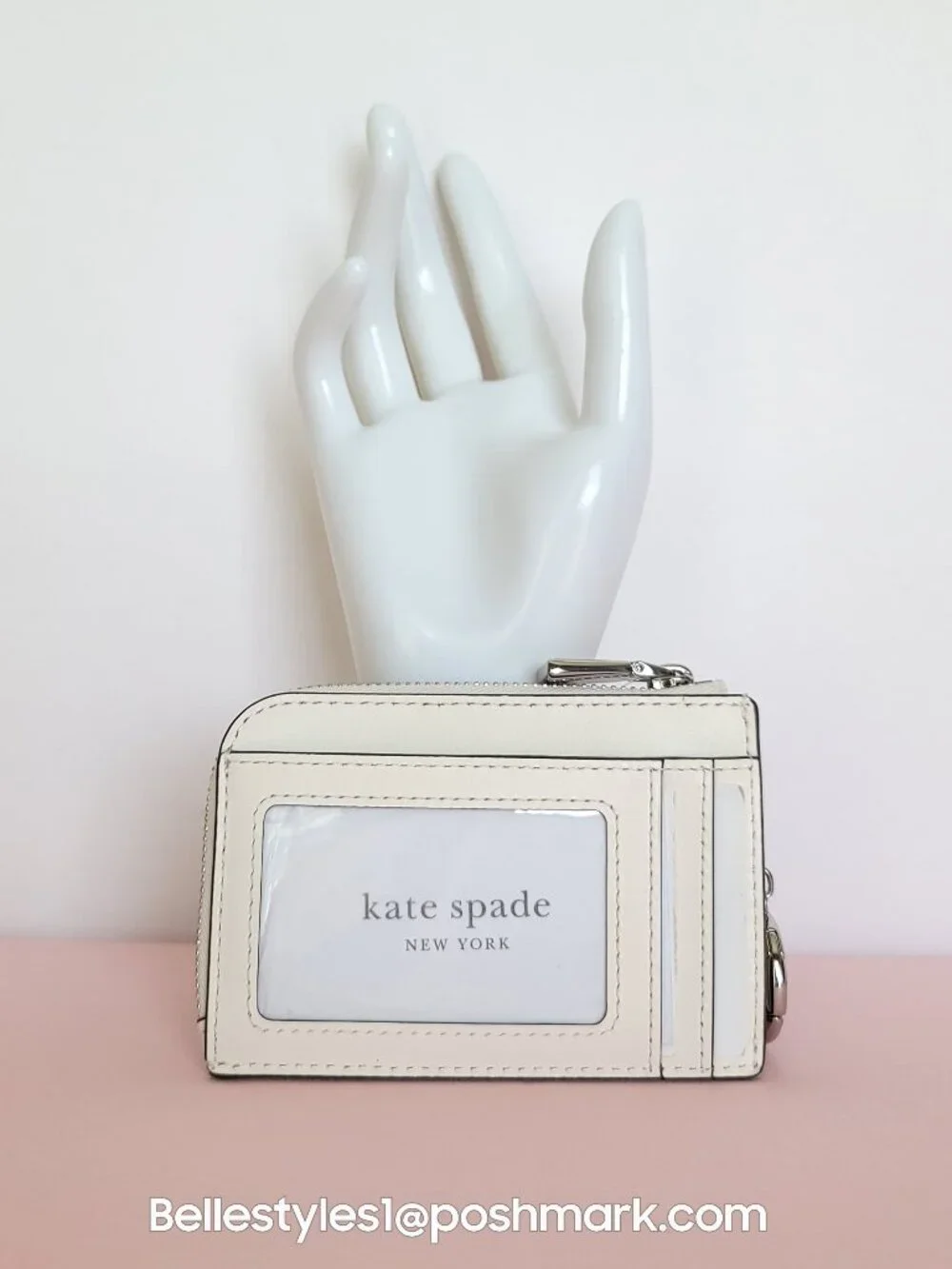 KATE SPADE Mini Zipper ID Card Case in Smooth Leather w Print-Cream multi⭐